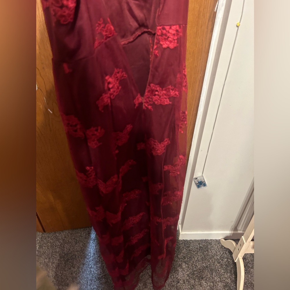 Long maroon dress with slit down the side
